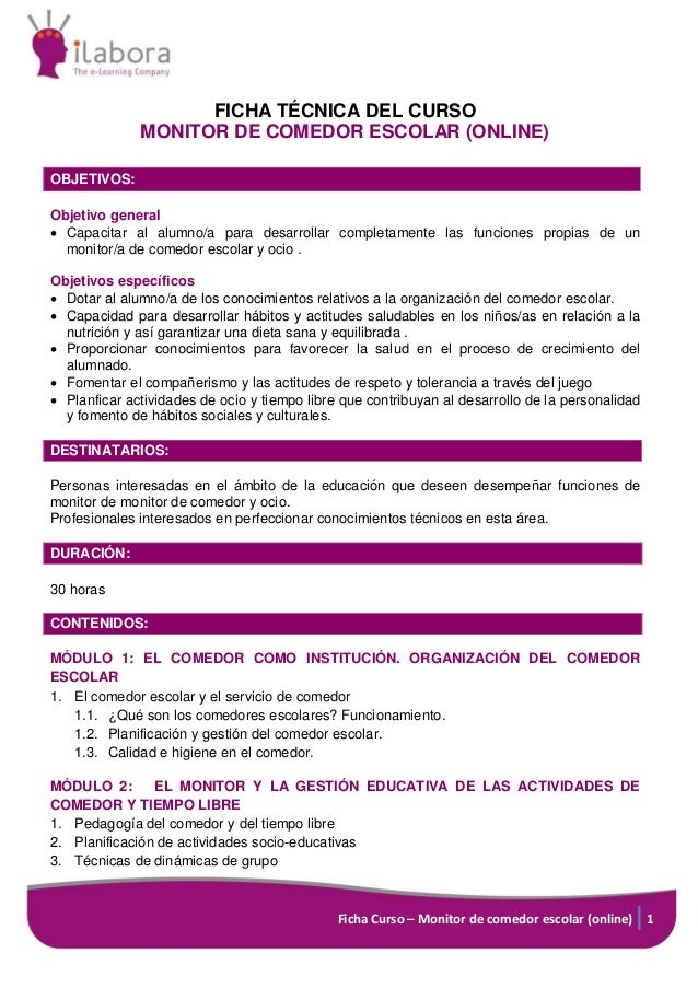Curso online Monitor de Comedor escolar Curso online Monitor de Comedor escolar