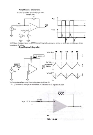 13. Dibuje el esquema de un OPAM como Integrador, dibuje la forma de onda a la entrada y le onda
resultante de salida.
14. Resuelva cada uno de los problemas a continuación
 