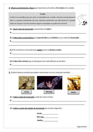 8. Observa atentamente a figura que representa uma lebre e lê o texto com cuidado.


                                          A Lebre
 A lebre é um mamífero que, por vezes, é confundido com o coelho. Uma das características da
 lebre é o grande comprimento dos seus membros posteriores, que têm forma de Z quando
 estão em repouso e que lhe permitem adquirir velocidades na ordem dos 55 Km/h.


 8.1. Qual o tipo de locomoção característico da lebre?
 R.: _______________________________________________________________________________

 8.2. Indica duas características do corpo da lebre que facilitem o seu modo de locomoção.
 R.: _______________________________________________________________________________
_________________________________________________________________________________

 8.3. De uma forma sucinta (breve), explica como se desloca a lebre.
 R.: _______________________________________________________________________________
_________________________________________________________________________________

 8.4. Indica dois animais que se desloquem de modo idêntico ao da lebre.
 R.: _______________________________________________________________________________
_________________________________________________________________________________

9. Existem diversos animais que podem movimentar-se no ar como por exemplo:




                     Perdiz                         Morcego                           Abelha

 9.1. Indica o tipo de locomoção usado por estes animais.
 R.: _______________________________________________________________________________
_________________________________________________________________________________

 9.2. Indica o nome dos órgãos de locomoção dos animais seguintes:

                                      Perdiz _________________
                                      Morcego _______________
                                      Abelha ________________


                                                                                               Página 4 de 6
 