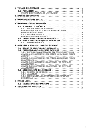  
1   TAMAÑO DEL MERCADO  . . . . . . . . . . . . . . . . . . . . . . . . . . . . . . . . . .
1.1   POBLACIÓN  . . . . . . . . . . . . . . . . . . . . . . . . . . . . . . . . . . . . . .
CUADRO 1: ESTRUCTURA DE LA POBLACIÓN  . . . . . . . . . . . . . . . . .
2   RASGOS GEOGRÁFICOS  . . . . . . . . . . . . . . . . . . . . . . . . . . . . . . . . . .
3   DATOS DE INTERÉS SOCIAL  . . . . . . . . . . . . . . . . . . . . . . . . . . . . . .
4   NATURALEZA DE LA ECONOMÍA . . . . . . . . . . . . . . . . . . . . . . . . . . . .
4.1   ACTIVIDAD ECONÓMICA . . . . . . . . . . . . . . . . . . . . . . . . . . . . .
4.1.1   PIB POR RAMAS DE ACTIVIDAD  . . . . . . . . . . . . . . . . . . . . .
CUADRO 2: PIB POR SECTORES DE ACTIVIDAD Y POR
COMPONENTES DEL GASTO  . . . . . . . . . . . . . . . . . . . . . . . . . . . . .
4.1.2   BALANZA DE PAGOS  . . . . . . . . . . . . . . . . . . . . . . . . . . . . .
CUADRO 3: BALANZA DE PAGOS  . . . . . . . . . . . . . . . . . . . . . . . . . .
4.2   INFRAESTRUCTURA DE TRANSPORTE  . . . . . . . . . . . . . . . . . . .
4.3   SERVICIOS COMERCIALES Y BANCARIOS  . . . . . . . . . . . . . . . .
4.3.1   COMERCIALIZACIÓN  . . . . . . . . . . . . . . . . . . . . . . . . . . . . .
5   APERTURA Y ACCESIBILIDAD DEL MERCADO  . . . . . . . . . . . . . . . . .
5.1   GRADO DE APERTURA DEL MERCADO  . . . . . . . . . . . . . . . . . . .
5.2   ESTRUCTURA DEL COMERCIO EXTERIOR  . . . . . . . . . . . . . . . .
5.2.1   DISTRIBUCIÓN GEOGRÁFICA DEL COMERCIO EXTERIOR  . . . .
CUADRO 4: EXPORTACIONES POR PAÍSES (PRINCIPALES PAÍSES
CLIENTES)  . . . . . . . . . . . . . . . . . . . . . . . . . . . . . . . . . . . . . . . . .
CUADRO 5: IMPORTACIONES POR PAÍSES (PRINCIPALES PAÍSES
PROVEEDORES)  . . . . . . . . . . . . . . . . . . . . . . . . . . . . . . . . . . . . . .
CUADRO 6: EXPORTACIONES BILATERALES POR CAPÍTULOS
ARANCELARIOS  . . . . . . . . . . . . . . . . . . . . . . . . . . . . . . . . . . . . . .
CUADRO 7: IMPORTACIONES BILATERALES POR CAPÍTULOS
ARANCELARIOS  . . . . . . . . . . . . . . . . . . . . . . . . . . . . . . . . . . . . . .
5.3   ACCESIBILIDAD DEL MERCADO  . . . . . . . . . . . . . . . . . . . . . . .
5.3.1   RÉGIMEN DE COMERCIO  . . . . . . . . . . . . . . . . . . . . . . . . . .
5.3.2   ARANCELES  . . . . . . . . . . . . . . . . . . . . . . . . . . . . . . . . . . .
5.3.3   PERTENENCIA A ORGANIZACIONES COMERCIALES Y
ECONÓMICAS  . . . . . . . . . . . . . . . . . . . . . . . . . . . . . . . . . . . . . . .
6   MARCO LEGAL  . . . . . . . . . . . . . . . . . . . . . . . . . . . . . . . . . . . . . . . . .
6.1   INVERSIONES EXTRANJERAS  . . . . . . . . . . . . . . . . . . . . . . . . .
7   INFORMACIÓN PRÁCTICA  . . . . . . . . . . . . . . . . . . . . . . . . . . . . . . . .

3
3
3
3
3
3
3
3
4
4
4
5
7
7
7
7
8
8
8
8
8
9
10
10
10
11
11
11
12

2

 