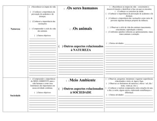 ( ) Reconhecer as etapas da vida.                                                        ( ) Reconhecer as etapas da vida – crescimento e
                                                     ( )   Os seres humanos                       desenvolvimento e identificar a fase em que se encontra.
             ( ) Conhecer a importância da                                                                 ( ) Conhecer os conceitos de saúde.
              prevenção de acidentes e de                                                       ( ) Conhecer a importância da prevenção de acidentes e de
                       doenças.                                                                                         doenças.
                                                                                                 ( ) Conhecer a importância das vacinações como meio de
             ( ) Conhecer a importância das                                                           prevenir algumas doenças próprias da infância;
                      vacinações.
                                                                                                  ( ) Observar o ciclo de vida dos animais (nascimento,
Natureza    ( ) Compreender o ciclo de vida
                    dos animais.
                                                             ( )   Os animais                              crescimento, reprodução e morte).
                                                                                                ( ) Confrontar opiniões referente ao aprisionamento, maus
                                                                                                                tratos animais e extinção.
                  ( ) Outros objetivos
             __________________________
            ___________________________
            ___________________________                                                          ( ) Outras atividades ____________________________
            ___________________________                                                         ________________________________________________
            ___________________________         ( ) Outros aspectos relacionados                ________________________________________________
            ___________________________
            ___________________________
                                                        à NATUREZA                              ________________________________________________
                                                _____________________________________________   ________________________________________________
             __________________________                                                         ________________________________________________
            ___________________________         _____________________________________________
                                                _____________________________________________   ________________________________________________
            ___________________________                                                         ________________________________________________
            ___________________________         _____________________________________________
                                                _____________________________________________   ________________________________________________
            ___________________________                                                         ________________________________________________
            ___________________________         _____________________________________________
                                                _____________________________________________   ________________________________________________
            ___________________________                                                         ________________________________________________
             __________________________         _____________________________________________
                                                _____________________________________________   ________________________________________________
            ___________________________                                                         ________________________________________________
            ___________________________         _____________________________________________

             ( ) Compreender a importância                                                      ( ) Observar, perguntar, interpretar e registrar experiências
               do MEIO AMBIENTE para a                 ( )   Meio Ambiente                                   relacionadas a terra, ar, água e fogo.
                 vida humana e como seus                                                         ( ) Observar os fenômenos da natureza ( chuva / sol, dia /
              fenômenos são importantes em                                                                           noite, vento,ar, rios ).
                 nossa atividade cotidiana.                                                     ( ) Conhecer e realizar comparações entre estações do ano,
                                                ( ) Outros aspectos relacionados                  o dia e a noite, alguns astros, explorando semelhanças e
                  ( ) Outros objetivos                  à SOCIEDADE                                                       diferenças.
Sociedade    __________________________         _____________________________________________    ( ) Outras atividades ____________________________
            ___________________________         _____________________________________________   ________________________________________________
            ___________________________         _____________________________________________   ________________________________________________
            ___________________________         _____________________________________________   ________________________________________________
            ___________________________         _____________________________________________   ________________________________________________
            ___________________________         _____________________________________________   ________________________________________________
            ___________________________
 