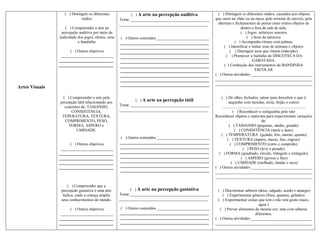 ( ) Distinguir os diferentes            ( ) A arte na percepção auditiva              ( ) Distinguir os diferentes ruídos, causados por objetos
                             ruídos.                 Tema: _______________________________________     que caem no chão ou na mesa, pelo arrastar de moveis, pela
                                                     ____________________________________________        abertura e fechamentos de portas entre outros objetos de
                   ( ) Compreender a arte na                                                                           dentro e fora da sala de aula.
                 percepção auditiva por meio da                                                                        ( ) Jogos artísticos sonoros
                ludicidade dos jogos, ritmos, sons   ( ) Outros conteúdos __________________________                      ( ) Sons da natureza
                           e bandinha.               ____________________________________________                  ( ) Acompanha ritmos com palmas
                                                     ____________________________________________           ( ) Identificar e imitar sons de animais e objetos
                      ( ) Outros objetivos           ____________________________________________               ( ) Distinguir sons que rimam (mão/pão)
                 __________________________          ____________________________________________             ( ) Promover o bailinho de DISCOTECA DA
                ___________________________          ____________________________________________                             GAROTADA.
                ___________________________          ____________________________________________           ( ) Confecção dos instrumentos da BANDINHA
                                                     ____________________________________________                               ESCOLAR
                                                     ____________________________________________      ( ) Outras atividades ______________________________
                                                     ____________________________________________      ________________________________________________
                                                     ____________________________________________      ________________________________________________
Artes Visuais

                  ( ) Compreender a arte pela                                                             ( ) De olhos fechados, tatear para descobrir o que é:
                                                             ( ) A arte na percepção tátil
                percepção tátil relacionando aos                                                                  saquinho com moedas, areia, feijão e outros
                   conceitos de: TAMANHO,            Tema: _______________________________________         ...................................................................................
                       CONSISTENCIA,                 ____________________________________________                     ( ) Reconhecer o coleguinha pelo tato
                 TEPERATURA, TEXTURA,                                                                  Reconhecer objetos e materiais para experimentar variações
                   COMPRIMENTO, PESO,                                                                                                             de:
                     FORMA, ASPERO e                                                                              ( ) TAMANHO (pequeno, médio, grande)
                          UMIDADE.                                                                                     ( ) CONSISTÊNCIA (mole e duro)
                                                                                                          ( ) TEMPERATURA (gelado, frio, morno, quente)
                                                     ( ) Outros conteúdos __________________________             ( ) TEXTURA (áspero, macio, liso, rugoso)
                      ( ) Outros objetivos           ____________________________________________                  ( ) COMPRIMENTO (curto e comprido)
                 __________________________          ____________________________________________                               ( ) PESO (leve e pesado)
                ___________________________          ____________________________________________        ( ) FORMA (quadrado, círculo, triângulo e retângulo)
                ___________________________          ____________________________________________                             ( ) ASPERO (grosso e fino)
                ___________________________          ____________________________________________                   ( ) UMIDADE (molhado, úmido e seco)
                ___________________________          ____________________________________________      ( ) Outras atividades ______________________________
                                                     ____________________________________________      ________________________________________________
                                                                                                       ________________________________________________

                     ( ) Compreender que a
                 percepção gustativa é uma arte            ( ) A arte na percepção gustativa            ( ) Discriminar sabores (doce, salgado, azedo e amargo)
                  lúdica, onde a criança amplia      Tema: _______________________________________         ( ) Experimentar gêneros (frios, quentes, gelados)
                 seus conhecimentos de mundo.        ____________________________________________        ( ) Experimentar coisas que tem e não tem gosto (suco,
                                                                                                                                 água )
                      ( ) Outros objetivos           ( ) Outros conteúdos __________________________      ( ) Provar alimentos da mesma cor, mas com sabores
                 __________________________          ____________________________________________                              diferentes.
                ___________________________          ____________________________________________      ( ) Outras atividades ______________________________
                ___________________________          ____________________________________________      ________________________________________________
 