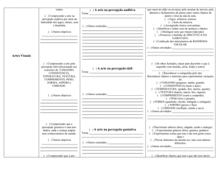 ruídos.                       ( ) A arte na percepção auditiva            que caem no chão ou na mesa, pelo arrastar de moveis, pela
                                                     Tema: _______________________________________       abertura e fechamentos de portas entre outros objetos de
                   ( ) Compreender a arte na         ____________________________________________                      dentro e fora da sala de aula.
                 percepção auditiva por meio da                                                                        ( ) Jogos artísticos sonoros
                ludicidade dos jogos, ritmos, sons                                                                        ( ) Sons da natureza
                           e bandinha.               ( ) Outros conteúdos __________________________               ( ) Acompanha ritmos com palmas
                                                     ____________________________________________           ( ) Identificar e imitar sons de animais e objetos
                      ( ) Outros objetivos           ____________________________________________               ( ) Distinguir sons que rimam (mão/pão)
                 __________________________          ____________________________________________             ( ) Promover o bailinho de DISCOTECA DA
                ___________________________          ____________________________________________                             GAROTADA.
                ___________________________          ____________________________________________           ( ) Confecção dos instrumentos da BANDINHA
                                                     ____________________________________________                               ESCOLAR
                                                     ____________________________________________      ( ) Outras atividades ______________________________
                                                     ____________________________________________      ________________________________________________
                                                     ____________________________________________      ________________________________________________
Artes Visuais
                                                     ____________________________________________

                  ( ) Compreender a arte pela                                                             ( ) De olhos fechados, tatear para descobrir o que é:
                percepção tátil relacionando aos                                                                  saquinho com moedas, areia, feijão e outros
                                                             ( ) A arte na percepção tátil
                   conceitos de: TAMANHO,                                                                  ...................................................................................
                       CONSISTENCIA,                 Tema: _______________________________________                    ( ) Reconhecer o coleguinha pelo tato
                 TEPERATURA, TEXTURA,                ____________________________________________      Reconhecer objetos e materiais para experimentar variações
                   COMPRIMENTO, PESO,                                                                                                             de:
                     FORMA, ASPERO e                                                                              ( ) TAMANHO (pequeno, médio, grande)
                          UMIDADE.                                                                                     ( ) CONSISTÊNCIA (mole e duro)
                                                                                                          ( ) TEMPERATURA (gelado, frio, morno, quente)
                                                                                                                 ( ) TEXTURA (áspero, macio, liso, rugoso)
                      ( ) Outros objetivos           ( ) Outros conteúdos __________________________               ( ) COMPRIMENTO (curto e comprido)
                 __________________________          ____________________________________________                               ( ) PESO (leve e pesado)
                ___________________________          ____________________________________________        ( ) FORMA (quadrado, círculo, triângulo e retângulo)
                ___________________________          ____________________________________________                             ( ) ASPERO (grosso e fino)
                ___________________________          ____________________________________________                   ( ) UMIDADE (molhado, úmido e seco)
                ___________________________          ____________________________________________      ( ) Outras atividades ______________________________
                                                     ____________________________________________      ________________________________________________
                                                     ____________________________________________      ________________________________________________

                     ( ) Compreender que a
                 percepção gustativa é uma arte                                                         ( ) Discriminar sabores (doce, salgado, azedo e amargo)
                  lúdica, onde a criança amplia            ( ) A arte na percepção gustativa               ( ) Experimentar gêneros (frios, quentes, gelados)
                 seus conhecimentos de mundo.        Tema: _______________________________________       ( ) Experimentar coisas que tem e não tem gosto (suco,
                                                     ____________________________________________                                água )
                      ( ) Outros objetivos                                                                ( ) Provar alimentos da mesma cor, mas com sabores
                 __________________________          ( ) Outros conteúdos __________________________                           diferentes.
                ___________________________          ____________________________________________      ( ) Outras atividades ______________________________
                ___________________________          ____________________________________________      ________________________________________________
                                                     ____________________________________________
                  ( ) Compreender que a arte                                                                ( ) Identificar objetos que tem e que não tem cheiro
 
