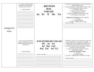 ( ) Elaborar sistematicamente                                                          ( ) Desenhar no caderno figuras cujos nomes começam
                   uma análise dos fonemas das                                                                          com determinada vogal .
                    palavras que vai escrever.                   REVISÃO
                                                                ( )                                     ( ) Recortar de jornais e revistas palavras com as vogais.
                                                                                                                ( ) Cobrir determinada vogal com grãos
                       ( ) Outros objetivos                       DAS                                                    ( ) Modelar as vogais
                  __________________________                                                                       ( ) Cobrir as vogais com barbante
                 ___________________________                     VOGAIS                                               ( ) Caminhar sobre as vogais
                 ___________________________                                                                 ( ) Brincar de coelhinho sai da toca das vogais
                 ___________________________          Aa       Ee Ii Oo                      Uu                      ( ) Corrida de sacos das vogais
                 ___________________________
                 ___________________________                                                                 Grafismo das VOGAIS Aa Ee Ii Oo Uu:
                 ___________________________                                                                                  ( ) Na lousa
                 ___________________________                                                                             ( ) No papel/atividades
                 ___________________________                                                                    ( ) No chão – andando sobre as vogais .
                 ___________________________                                                            ( ) Outras atividades ____________________________
                 ___________________________                                                           ________________________________________________
                 ___________________________                                                           ________________________________________________
                 ___________________________                                                           ________________________________________________
Linguagem Oral
       e
    Escrita




                 ( ) Ler e escrever os encontros                                                        ( ) Apresentar cartazes com os encontros de vogais, para
                 vocálicos empregando-os como       ( )   ENCONTRO DE VOGAIS                                 que as crianças leiam e interpretem as imagens.
                 unidades frasais em situações de
                          comunicação.
                                                              Oi! Ai! Ei!                                ( ) Explicar-lhes sobre os empregos dos balões de falas.
                                                                                                            ( ) Dramatizar os encontros de vogais em estudo.
                                                              Ia! Ou! Uai!                              ( ) Incentivar o desenho livre de ações que envolvam os
                                                                                                                     encontros de vogais em estudos.
                                                            Eia! Eu! Au! Ui!                                 ( ) Jogos que promovam a junção das vogais e
                                                                                                                          brincadeiras cantadas.
                       ( ) Outros objetivos                                                                        Grafismo do Encontro de Vogais:
                  __________________________                                                                                   ( ) Na lousa
                 ___________________________         ( ) Outros conteúdos __________________________                     ( ) No papel/atividades
                 ___________________________        ____________________________________________          ( ) No chão – andando sobre os encontros de vogais .
                 ___________________________        ____________________________________________
                 ___________________________        ____________________________________________        ( ) Outras atividades ____________________________
                 ___________________________        _____________________________________________      ________________________________________________
                 ___________________________        _____________________________________________      ________________________________________________
                 ___________________________        ____________________________________________       ________________________________________________
                 ___________________________        _____________________________________________      ________________________________________________
                 ___________________________        _____________________________________________      ________________________________________________
 