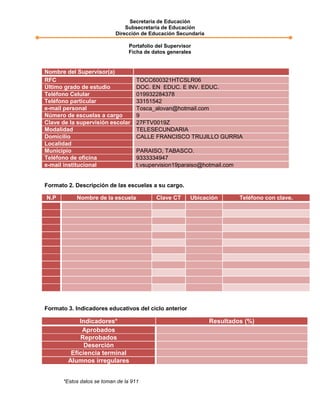 Secretaría de Educación
Subsecretaría de Educación
Dirección de Educación Secundaria
Portafolio del Supervisor
Ficha de datos generales
Nombre del Supervisor(a)
RFC TOCC600321HTCSLR06
Último grado de estudio DOC. EN EDUC. E INV. EDUC.
Teléfono Celular 019932284378
Teléfono particular 33151542
e-mail personal Tosca_alovan@hotmail.com
Número de escuelas a cargo 9
Clave de la supervisión escolar 27FTV0019Z
Modalidad TELESECUNDARIA
Domicilio CALLE FRANCISCO TRUJILLO GURRIA
Localidad
Municipio PARAISO, TABASCO.
Teléfono de oficina 9333334947
e-mail institucional t.vsupervision19paraiso@hotmail.com
Formato 2. Descripción de las escuelas a su cargo.
N.P Nombre de la escuela Clave CT Ubicación Teléfono con clave.
Formato 3. Indicadores educativos del ciclo anterior
Indicadores* Resultados (%)
Aprobados
Reprobados
Deserción
Eficiencia terminal
Alumnos irregulares
*Estos datos se toman de la 911
 