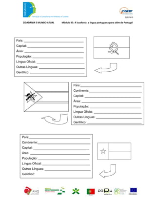 019/FM.0

    CIDADANIA E MUNDO ATUAL   Módulo B5: A lusofonia: a língua portuguesa para além de Portugal




País: ___________________________________
Capital: _________________________________
Área: ___________________________________
População: ______________________________
Língua Oficial: ____________________________
Outras Línguas: ___________________________
Gentílico: ________________________________



                                        País:____________________________________
                                        Continente:_______________________________
                                        Capital: _________________________________
                                        Área: ___________________________________
                                        População: ______________________________
                                        Língua Oficial: ____________________________
                                        Outras Línguas: ___________________________
                                        Gentílico: ________________________________



   País:____________________________________
   Continente:_______________________________
   Capital: _________________________________
   Área: ___________________________________
   População: ______________________________
   Língua Oficial: ____________________________
   Outras Línguas: ___________________________
   Gentílico:
   ________________________________________
   ________________________________________
   _____
 