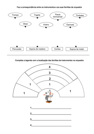 Faz a correspondência entre os instrumentos e as suas famílias de orquestra



Trompa                  Fagote                     Flauta                 Tímbales
                                                transversal


            Oboé                  Violino                     Clarinete




Percussão          Sopros de madeira             Cordas          Sopros de metal




  Completa a legenda com a localização das famílias de instrumentos na orquestra


                                        4

                                        3

                                            2
                   1                    1

                                                                 1
            1




                   1____________________________________

                   2____________________________________

                   3____________________________________

                   4____________________________________
 