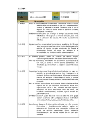 SESIÓN I
Profesor/a

Oscar

Área

Conocimiento del Medio

Fecha

28 de octubre de 2013

Hora

09:00-10:00

Tiempo

Descripción

9:00-9:05

Antes de iniciar la explicación de nuevos contenido el maestro retoma
la sesión anteriror recordando lo que hasta ahora sabían los
alumnos y presenta los nuevos contenidos que se van a
impartir así como el enlace entre las sesiones: el tema
escogido es "La Energía".
Debe tenerse en cuenta que el colegio es bilingüe y que el desarrollo
didáctico de esta asigatura se imparte en inglés, esto hace
que la utilización de recursos TIC resulte especialmente
didáctica.

9:05-9:15

Los alumnos leen en voz alta el contenido de las páginas del libro de
texto pertenecientes a la presente lección. La lectura en alto
permite al mestro corregir problemas de fluidez y
comprensión lectora así como los relativos a la
pronunciación o el significado de los vocablos ingleses.

9:15-9:30

El profesor proyecta vídeos de Youtube (en versión original
subtitulada) referente a la temática que se está estudiando.
Una vez analizados y comentados por los alumnos los vídeos que se
han visto, así como su relación con los contenidos o las
dificultades que encuentran, se proponen las actividades de
trabajo.

9:30-9:35

Se explica a los alumnos el desarrollo de las activiadades: tras coger sus
portátiles se sentarán en grupos de cinco y trabajarán en la
búsqueda de información acerca de diferentes fuentes de
energía, sus ventajas y desventajas así como la posible
reprcusión sobre el medio ambiente o los costes finales para
el usuario.
Para el correcto desarrollo de la actividad el maestro da una serie de
páginas en las que encontrar información, entre ellas
páginas como las de la BBC, empresas eléctricas inglesas,
periódicos con tirada electrónica como The Times, The
Guardian o The Economist, así como páginas oficiales del
gobierno británico.
Dividida la clase en grupos de cinco personas cada uno, cada grupo
realizará la consulta sobre un tipo específico de electricidad:
combustibles fósiles, nuclear, solar, hidráulica y eólica.

9:35-9:50

Los alumnos buscarán la información solicitada entre los recursos
electrónicos y simultáneamente deberán realizar un
documento en Word que vaya recogiendo, en forma de
listado las ventajas, desventajas, costes, incidencia
medioambiental… del tipo de energía que les haya sido
asignado

 