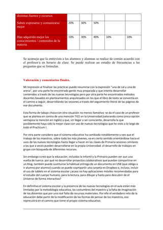 distintas fuentes y recursos
Saben expresarse y comunicarse
mejor

20%

30%

50%

Han adquirido mejor los
conocimientos / contenidos de la
materia

10%

30%

40%

10%

10%

Se aconseja que la entrevista a los alumnos y alumnas se realice de común acuerdo con
el profesor/a en horario de clase. Se puede realizar un estudio de frecuencias a las
preguntas que se formulan.

Valoración y comentarios finales.
Mi impresión al finalizar las prácticas puede resumirse con la expresión "una de cal y una de
arena", por una parte he encontrado gente muy preparada y que intenta desarrollar
contenidos a través de las nuevas tecnologías pero por otra parte he encontrados métodos
docentes basados en planteamientos anquilosados en los que el libro de texto se convertía en
el camino a seguir, desarrollando las sesiones a través del seguimiento literal de las páginas de
ese documento.
Esta forma de tabajo choca con otra situación no menos llamativa: se da el caso de un profesor
que se plantea en contra de una mención TICE en la Universidad (valorando como única opción
ventajosa la mención en Inglés) y que, sin llegar a ser consciente, desarrolla la que
posiblemente haya sido la mejor clase con uso de nuevas tecnologías que he visto a lo largo de
todo el Practicum I.
Por otra parte considero que el sistema educativo ha cambiado notablemente y veo que el
trabajo de los maestros, sobre todo los más jóvenes, va en cierto sentido orientándose hacia el
usos de las nuevas tecnologías hasta llegar a hacer en las clases de Primaria sesiones similares
a las que a veces pueden desarrollarse en la propia Universidad: el desarrollo de trabajos en
grupo con búsqueda de diferentes recursos.
Sin embargo ccreo que la educación, incluidas la Infantil y la Primaira pueden ver aun una
vuelta de tuerca: por qué no desarrollar proyectos colaborativos que puedan compartirse en
un blog, también puede sustituirse la habitual entrega de un documento en USB (que obliga a
ir alumno por alumno) cuando se puede copmpartir una carpeta en Dropbox o, incluso, incluir
el uso de tablets en el sistema escolar ¿acaso no hay aplicaciones móviles recomendadas para
el estudio del cuerpo humano, para la lectura, para dibujar y hasta para descubrir de el
Universo de forma interactiva?
En definitiva el sistema escolar y la presencia de las nuevas tecnologías en el aula están más
limitadas por la metodología educativa, las costumbres del maestro y la falta de imaginación
de los docentes que por una real falta de recursos materiales. Por ello el verdadero reto de la
educación debe partir de la modificación de las formas de pensar de los maestros, eso
reprecutirá en el camino que tome el propio sistema educativo.

 