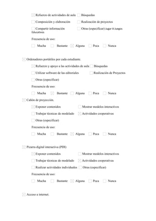 Refuerzo de actividades de aula

Búsquedas

Composición y elaboración

Realización de proyectos

Compartir información

Otras (especificar) Jugar A Juegos

Educativos

Frecuencia de uso:
Mucha

Bastante

Alguna

Poca

Nunca

Ordenadores portátiles por cada estudiante.
Refuerzo y apoyo a las actividades de aula

Búsquedas

Utilizar software de las editoriales

Realización de Proyectos

Otras (especificar)      
Frecuencia de uso:
Mucha

Bastante

Alguna

Poca

Nunca

Cañón de proyección.
Exponer contenidos

Mostrar modelos interactivos

Trabajar técnicas de modelado

Actividades cooperativas

Otras (especificar)      
Frecuencia de uso:
Mucha

Bastante

Alguna

Poca

Nunca

Pizarra digital interactiva (PDI)
Exponer contenidos

Mostrar modelos interactivos

Trabajar técnicas de modelado

Actividades cooperativas

Realizar actividades individuales

Otras (especificar)      

Frecuencia de uso:
Mucha

Acceso a internet.

Bastante

Alguna

Poca

Nunca

 
