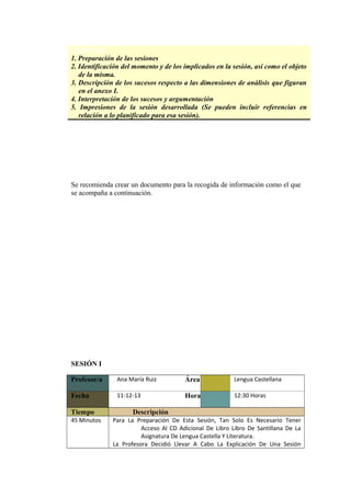 ESQUEMA
1. Preparación de las sesiones
2. Identificación del momento y de los implicados en la sesión, así como el objeto
de la misma.
3. Descripción de los sucesos respecto a las dimensiones de análisis que figuran
en el anexo I.
4. Interpretación de los sucesos y argumentación
5. Impresiones de la sesión desarrollada (Se pueden incluir referencias en
relación a lo planificado para esa sesión).

     

Se recomienda crear un documento para la recogida de información como el que
se acompaña a continuación.

SESIÓN I
Profesor/a

Ana María Ruiz

Área

Lengua Castellana

Fecha

11-12-13

Hora

12:30 Horas

Tiempo
45 Minutos

Descripción
Para La Preparación De Esta Sesión, Tan Solo Es Necesario Tener
Acceso Al CD Adicional De Libro Libro De Santillana De La
Asignatura De Lengua Castella Y Literatura.
La Profesora Decidió Llevar A Cabo La Explicación De Una Sesión

 