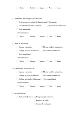 Mucha Bastante Alguna Poca Nunca
Ordenadores portátiles por cada estudiante.
Refuerzo y apoyo a las actividades de aula Búsquedas
Utilizar software de las editoriales Realización de Proyectos
Otras (especificar)      
Frecuencia de uso:
Mucha Bastante Alguna Poca Nunca
Cañón de proyección.
Exponer contenidos Mostrar modelos interactivos
Trabajar técnicas de modelado Actividades cooperativas
Otras (especificar)      
Frecuencia de uso:
Mucha Bastante Alguna Poca Nunca
Pizarra digital interactiva (PDI)
Exponer contenidos Mostrar modelos interactivos
Trabajar técnicas de modelado Actividades cooperativas
Realizar actividades individuales Otras (especificar)      
Frecuencia de uso:
Mucha Bastante Alguna Poca Nunca
Acceso a internet.
Preparación de clases: Búsqueda de información.
Consulta de dudas.
Control de evaluación.
 