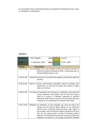 Se recomienda crear un documento para la recogida de información como el que
se acompaña a continuación.
SESIÓN I
Profesor/a Maria Ángeles Área Sciencie
Fecha 5 - Noviembre -2014 Hora 11:45 - 12:00
Tiempo Descripción
11:15-11:20 Los encargados de la clase reparten el libro de sciencie, mientras la
profesora prepara el dispositivo (PDI), y comprueba que no
existen problemas para su uso
11:20-11:30 Comienza la clase con una canción para captar la atención de todos los
alumnos
11:30-11:40 Sobre la canción anteriormente aprendida, repite las palabras mas
importantes, en este caso las partes del cuerpo en inglés
sobre un monstruo.
11:40-11:50 Los alumnos interactúan con la pizzarra y señalando a que parte del
cuerpo pertenece cada palabra esto lo haran de manera
tactil en la pizarra, e individual realizando el ejercicio
delante de toda la clase, lo que le servira de apoyo para que
le ayuden y no se equivoque con las partes del cuerpo.
11:50 -11:55 Mediante los altavoces, se irán diciendo una serie de partes del
cuerpo, que los alumnos deben dibujar en sus cuadernos
encima de los monstruos (colorearle boca, ojos, según lo
que se pida). Una vez terminen repetir el proceso oral, pero
esta vez con apoyo visual en donde los alumnos podrán
observar con la pantalla las partes del cuerpo que habia que
colorearle al monstruo, y así corregir su ejercicio realizado
 