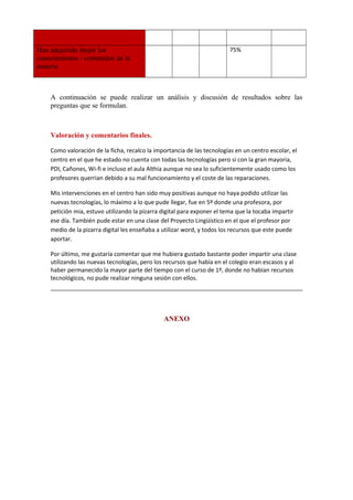 Han adquirido mejor los
conocimientos / contenidos de la
materia
                  75%      
A continuación se puede realizar un análisis y discusión de resultados sobre las
preguntas que se formulan.
     
Valoración y comentarios finales.
Como valoración de la ficha, recalco la importancia de las tecnologías en un centro escolar, el
centro en el que he estado no cuenta con todas las tecnologías pero si con la gran mayoria,
PDI, Cañones, Wi-fi e incluso el aula Althia aunque no sea lo suficientemente usado como los
profesores querrian debido a su mal funcionamiento y el coste de las reparaciones.
Mis intervenciones en el centro han sido muy positivas aunque no haya podido utilizar las
nuevas tecnologías, lo máximo a lo que pude llegar, fue en 5º donde una profesora, por
petición mia, estuvo utilizando la pizarra digital para exponer el tema que la tocaba impartir
ese día. También pude estar en una clase del Proyecto Lingüístico en el que el profesor por
medio de la pizarra digital les enseñaba a utilizar word, y todos los recursos que este puede
aportar.
Por último, me gustaría comentar que me hubiera gustado bastante poder impartir una clase
utilizando las nuevas tecnologías, pero los recursos que había en el colegio eran escasos y al
haber permanecido la mayor parte del tiempo con el curso de 1º, donde no habian recursos
tecnológicos, no pude realizar ninguna sesión con ellos.
ANEXO
 