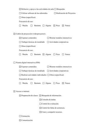 Refuerzo y apoyo a las actividades de aula Búsquedas
Utilizar software de las editoriales Realización de Proyectos
Otras (especificar)
Frecuencia de uso:
Mucha Bastante Alguna Poca Nunca
Cañón de proyección (videoproyector).
Exponer contenidos Mostrar modelos interactivos
Trabajar técnicas de modelado Actividades cooperativas
Otras (especificar)
Frecuencia de uso:
Mucha Bastante Alguna Poca Nunca
Pizarra digital interactiva (PDI)
Exponer contenidos Mostrar modelos interactivos
Trabajar técnicas de modelado Actividades cooperativas
Realizar actividades individuales Otras (especificar)
Frecuencia de uso:
Mucha Bastante Alguna Poca Nunca
Acceso a internet.
Preparación de clases: Búsqueda de información.
Consulta de dudas.
Control de evaluación.
Control de faltas de asistencia.
Crear y compartir recursos.
Formación.
Comunicación:
 