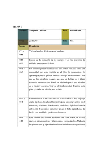 SESIÓN II
Profesor/a Margarita Urdiales Área Matemáticas
Fecha 22/11/2017 Hora 9:55
Tiempo Descripción
9:55 –
10:00
Vuelta a la calma del descanso de las clases.
10:00 –
10:15
Repaso de la formación de los números y de los conceptos de
unidades y decenas en el ábaco.
10:15 –
10:45
Los alumnos poseen un ábaco cada uno, lo han realizado como una
manualidad que venia incluida en el libro de matemáticas. Se
agrupan por parejas que irán rotando a lo largo de la actividad. Cada
uno de los miembros colocará una serie de bolitas en el ábaco
formando un número que deberá ser adivinado por el otro miembro
de la pareja y viceversa. Una vez adivinada se rotará de pareja hasta
pasar por todos los miembros de la clase.
10:15 –
10:45
Paralelamente a la actividad anterior, se realizará en la PDI un juego
digital de ábaco. En el cual la maestra pone un numero entero en el
marcador y el alumno debe formarlo en el ábaco digital mediante la
colocación de diferentes números y clases de bolas dependiendo de
las decenas y unidades que formen el número.
10:45 –
11:00
Para finalizar los alumnos realizaran una ficha escrita, en la cual
aparecen números enteros y ábacos vacíos encima de ellos. Mediante
las pinturas azul y roja deberán colorear las bolitas correspondientes
 