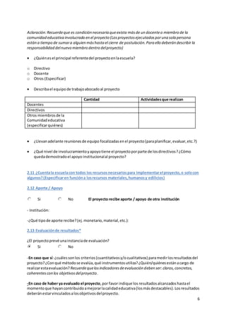 6
Aclaración:Recuerdeque es condición necesaria queexista másde un docenteo miembro de la
comunidad educativa involucrado en el proyecto (Losproyectosejecutadosporuna sola persona
están a tiempo de sumara alguien máshasta el cierre de postulación.Para ello deberán describir la
responsabilidad delnuevo miembro dentro delproyecto)
 ¿Quiénesel principal referentedel proyectoenlaescuela?
o Directivo
o Docente
o Otros (Especificar)
 Describael equipode trabajoabocadoal proyecto
Cantidad Actividadesque realizan
Docentes
Directivos
Otros miembrosde la
Comunidadeducativa
(especificarquiénes)
 ¿Llevanadelante reunionesde equipo focalizadasenel proyecto(paraplanificar,evaluar,etc.?)
 ¿Qué nivel de involucramientoyapoyotiene el proyectoporparte de losdirectivos?¿Cómo
quedademostradoel apoyo institucionalal proyecto?
2.11 ¿Cuentala escuelacon todos los recursosnecesariospara implementarel proyecto,o solocon
algunos?(Especificaren funcióna losrecursos materiales,humanosy edilicios)
2.12 Aporte / Apoyo
Si No El proyecto recibe aporte / apoyo de otra institución
- Institución:
-¿Qué tipode aporte recibe?(ej.monetario,material,etc.):
2.13 Evaluaciónde resultados*
¿El proyectoprevé unainstanciade evaluación?
Si No
-En caso que sí:¿cuálessonlos criterios(cuantitativosy/ocualitativos) paramedirlosresultadosdel
proyecto?¿Conqué métodose evalúa,qué instrumentosutiliza?¿Quién/quiénesestánacargo de
realizarestaevaluación? Recuerdequelosindicadoresdeevaluación deben ser: claros,concretos,
coherentescon los objetivosdelproyecto.
-En caso de haber ya evaluado el proyecto,por favor indique los resultadosalcanzadoshastael
momentoque hayancontribuidoamejorarlacalidadeducativa(losmásdestacables).Losresultados
deberánestarvinculadosalosobjetivosdelproyecto.
 
