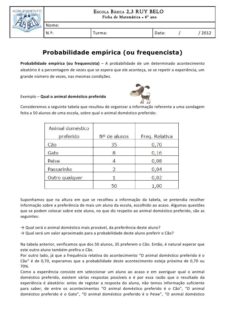 Exercícios De Probabilidade Com Gabarito 6 Ano