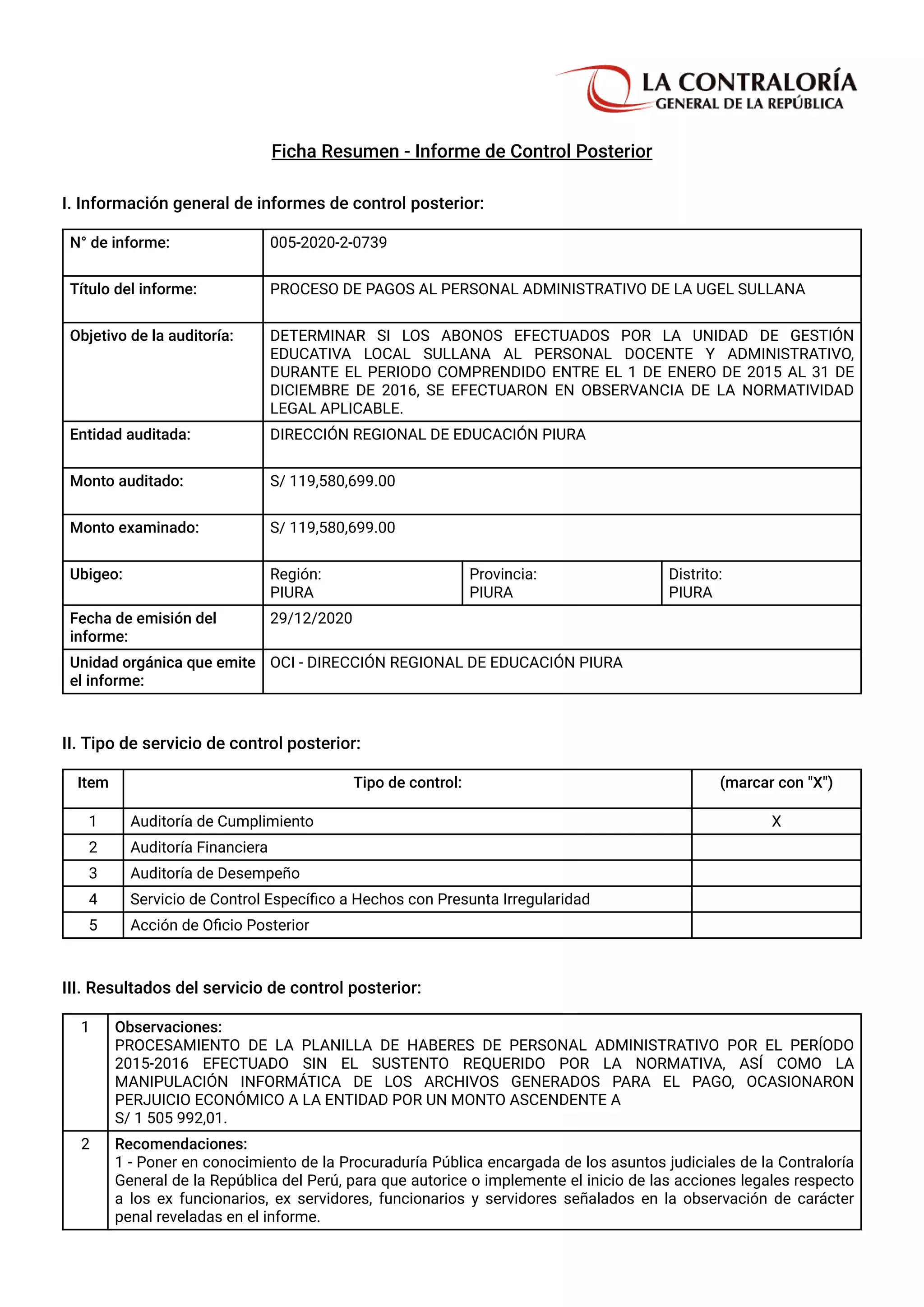 Ficha resumen informe de control posterior informe 05-2020 contraloria ...