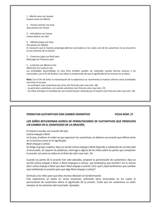 1. - Martín come son Susana. 
Susana come con Martín. 
2. - Teresa camina con José. 
José camina con Teresa. 
3. - José platica con Leonor. 
Leonor platica con José. 
4. - Alfredo pasea con Elsa. 
Elsa pasea con Alfredo. 
Es necesario que el maestro proponga además enunciados en los cuales uno de los sustantivos no se encuentre en los extremos de la oración: 
1. - Francisco jugó con Raúl ayer. 
Raúl jugó con Francisco ayer. 
2. - Lucha fue con Mario al cine. 
Mario fue con Lucha al cine. 
Las actividades desarrolladas en esta ficha también pueden ser realizadas usando láminas alusivas a los enunciados, con el fin de facilitar a los niños la comprensión de que el significado de los mismos no se altera. 
Nota: Con el fin de evitar la mecanización de la experiencia se recomienda al maestro alternar estas actividades con otras en las que: 
- se sustituyen unos sustantivos por otros (ver ficha de color rosa núm. 28). 
- se permutan sustantivos, con cambio semántico (ver ficha de color rosa núm. 27). 
- los niños anticipan el resultado de una transformación realizada por el maestro (ver ficha de color rosa núm. 29). 
PERMUTAN SUSTANTIVOS CON CAMBIO SEMÁNTICO FICHA NÚM. 27 
LOS NIÑOS REFLEXIONAN ACERCA DE PERMUTACIONES DE SUSTANTIVOS QUE PRODUCEN UN CAMBIO EN EL SIGNIFICADO DE LA ORACIÓN, 
El maestro escribe una oración del tipo: 
Leticia empuja a René 
en la que, al alterar el orden en que aparecen los sustantivos, se obtiene una oración que difiere tanto en la escritura como en el significado: 
René empuja a Leticia 
Se dirige al grupo y explica: Aquí yo escribí Leticia empuja a René (leyendo y señalando de corrido todo el enunciado, sin separar las palabras), Interroga a alguno de los niños sobre las partes que componen la oración, tal como se indica en la ficha de color rosa núm. 24. 
Cuando las partes de la oración han sido ubicadas, propone la permutación de sustantivos: Aquí yo escribí Leticia empuja a René; si René empujara a Leticia, ¿qué tendríamos que escribir? ¿Es lo mismo decir Leticia empuja a René que decir René empuja a Leticia? ¿Por qué? ¿Qué tendríamos que cambiar aquí (señalando la oración) para que diga René empuja a Leticia? 
Estimula a los niños para que ellos mismos efectúen la transformación. 
Esta experiencia se repite en varias ocasiones, utilizando otros enunciados en los cuales la permutación de sustantivos altera el significado de la oración. Cuida que los sustantivos no estén siempre en los extremos del enunciado. Ejemplos: 
 