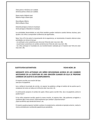 Clara peina a Verónica con cuidado. 
Verónica peina a Clara con cuidado. 
Diana mojó a Roberto ayer. 
Roberto mojó a Diana ayer. 
Rosa dibuja a Marra. 
Marra dibuja a Rosa. 
Eduardo persigue a Sonia en el parque. 
Sonia persigue a Eduardo en el parque. 
Las actividades desarrolladas en esta ficha también pueden realizarse usando láminas alusivas, para ayudar a los niños a comprender la diferencia de significados. 
Nota: Con el fin de evitar la mecanización de la experiencia, se recomienda al maestro alternar estas actividades con otras en las que: 
- se sustituyen unos sustantivos por otros (ver ficha de color rosa núm. 28); 
- se permutan sustantivos sin cambio semántico (ver ficha de color rosa núm. 26); 
- los niños anticipan el resultado de una transformación realizada por el maestro (ver ficha de color rosa núm. 29). 
SUSTITUYEN SUSTANTIVOS FICHA NÚM. 28 
MEDIANTE ESTA ACTIVIDAD LOS NIÑOS REFLEXIONAN ACERCA DE LOS CAMBIOS NECESARIOS EN LA ESCRITURA DE UNA ORACIÓN CUANDO EN ELLA SE PROPONE CAMBIAR UN SUJETO O UN COMPLEMENTO. 
El maestro escribe una oración del tipo: 
Juan fue a la papelería 
Lee y señala el enunciado de corrido, sin separar las palabras y dirige el análisis de las partes que lo componen tal como se indica en la ficha de color rosa núm. 24. 
A continuación propone el cambio de sujeto: Ahora quiero escribir Elsa fue a la papelería ¿cómo lo puedo hacer? 
Si los niños proponen escribir aparte la nueva oración, el maestro dice: ¿No podremos arreglarle o cambiarle algo a esta misma? ¿Qué tendremos que cambiar? ¿Qué borramos? 
¿Qué escribimos aquí donde borramos?, etc. 
El maestro puede proponer también cambiar el complemento; volviendo al ejemplo anterior, realiza la misma actividad pero cambiando papelería por panadería.. 
 