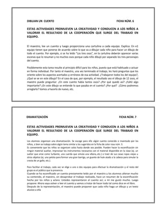 DIBUJAN UN CUENTO FICHA NÚM. 6 
ESTAS ACTIVIDADES PROMUEVEN LA CREATIVIDAD Y CONDUCEN A LOS NIÑOS A VALORAR EL RESULTADO DE LA COOPERACIÓN QUE SURGE DEL TRABAJO EN EQUIPO. 
El maestro, lee un cuento y luego proporciona una cartulina a cada equipo. Explica: En e1 equipo tienen que ponerse de acuerdo sobre lo que va a dibujar cada niño para hacer un dibujo de todo el cuento. Por ejemplo, si se ha leído "Los tres osos", en la cartulina deberán aparecer varias escenas que lo resuman y no muchos osos porque cada niño dibujó por separado los tres personajes del cuento. 
Posiblemente esta tarea resulte al principio difícil para los niños, puesto que está habituado a actuar en forma individual. Por tanto el maestro, una vez terminado el trabajo, les hará preguntas que los oriente sobre los aspectos acertados y erróneos de esa actividad. ¿Trabajaron todos los del equipo?, ¿Qué se ve en este dibujo? En el caso de que, por ejemplo, el resultado sea el dibujo de 12 osos, el maestro puede preguntar: ¿En este cuento había tantos osos? ¿Por qué quedó así? ¿Faltó algo importante? ¿En este dibujo se entiende lo que pasaba en el cuento? ¿Por qué? ¿Cómo podremos arreglarlo? Vamos a hacerlo de nuevo, etc. 
DRAMATIZACIÓN FICHA NÚM. 7 
ESTAS ACTIVIDADES PROMUEVEN LA CREATIVIDAD Y CONDUCEN A LOS NIÑOS A VALORAR EL RESULTADO DE LA COOPERACIÓN QUE SURGE DEL TRABAJO EN EQUIPO. 
Los alumnos organizan una dramatización. Se escoge para ello algún cuento conocido o inventado por los niños, o bien se trabaja sobre algún tema similar a los sugeridos en la ficha de color rosa núm. 3. 
Es conveniente que los niños se organicen solos hasta donde sea posible. Pueden hacer la escenificación sin ningún material auxiliar, improvisar los instrumentos necesarios con el material disponible en la clase (ej. un suéter que sirve como turbante, una cuerda que simula una víbora,.etc.) o traer de sus casas ropas viejas u otros objetos (ej. una pelota para formar una gran barriga, un guante de hule atado a la cabeza para simular la cresta de un gallo, etc.). 
Para facilitar el trabajo, cada vez se elige a uno o dos equipos para efectuar la dramatización y el resto del grupo es el público que la presencia. 
Cuando se ha escenificado un cuento previamente leído por el maestro y los alumnos alteran mucho su contenido, el maestro, sin desaprobar el trabajo realizado, hace un resumen de la escenificación hecha por los niños y aclara: Ustedes representaron el cuento así; a mí me gustó mucho. Luego propone: Ahora vaya volver a leer el cuento y vamos a tratar de hacer todo tal como dice en el libro. 
Después de la representación, el maestro puede proponer que cada niño haga un dibujo y un texto alusivo a ella 
 