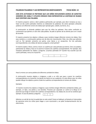 PALMEAN PALABRAS Y LAS REPRESENTAN GRÁFICAMENTE FICHA NÚM. 13 CON ESTA ACTIVIDAD SE PRETENDE QUE LOS NIÑOS REFLEXIONEN ACERCA DE ASPECTOS SONOROS DEL HABLA Y UTILICEN CÓDIGOS PARA REPRESENTAR LA CANTIDAD DE SÍLABAS QUE CONTIENE UNA PALABRA. 
El maestro propone: vamos a decir palabras palmeando; por ejemplo, para decir mariposa yo voy a hacer así (da cuatro palmadas mientras va silabeando las palabras). Da varios ejemplos utilizando palabras con diferente número de sílabas (por ejemplo gato, caballo, escritorio, etc.). A continuación va diciendo palabras para que los niños las palmeen. Para evitar confusión es conveniente que palmee un solo niño cada palabra. Se pide la opinión de los demás para ver si están de acuerdo. El maestro presenta tres objetos o dibujos cuyos nombres tengan diferente número de sílabas. Dice esos nombres y a continuación palmea uno de ellos (sin mencionarlo). Pide a los niños que adivinen cuál es. Por ejemplo: presenta una goma, unas tijeras y un sacapuntas. Da tres palmadas (correspondientes a las sílabas de tijeras) y pregunta: ¿Cuál palmeé? El maestro explica: Ahora, vamos a hacer un cuadrito por cada palmada que demos. Dice una palabra, palmeando las sílabas y hace en el pizarrón el número de cuadritos correspondiente. Por ejemplo, dice mariposa palmeando las sílabas y pregunta: ¿Cuantas palmadas di? Cuando hay acuerdo que dio cuatro palmadas, marca en el pizarrón: 
Hace lo mismo con varias palabras de diferente cantidad de silabas. 
A continuación muestra objetos o imágenes y pide a un niño que pase a poner los cuadritos correspondientes en el pizarrón; los demás los hacen en sus cuadernos. En este último caso, los niños pueden dibujar los objetos y poner al lado los cuadritos correspondientes al número de sílabas. 
Ejemplos: 
El maestro muestra tres objetos o imágenes cuyos nombres tengan diferente cantidad de sílabas, por ejemplo, un lápiz, una pelota y una bicicleta. Presenta por separado un cartel (o lo dibuja en el pizarrón) que tenga el número de cuadritos correspondiente a las sílabas de uno de los nombres (por ejemplo el caso de pelota) y pregunta: 
Adivinen ¿a cuál de los tres le queda bien en este cartel? Como es habitual, se fomenta el intercambio de opiniones entre los niños para IIegar a una conclusión y se pide fundamentación de las elecciones, 
 