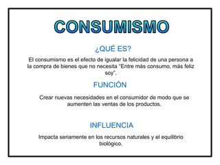 ¿QUÉ ES?
El consumismo es el efecto de igualar la felicidad de una persona a
la compra de bienes que no necesita “Entre más consumo, más feliz
soy”.
FUNCIÓN
Crear nuevas necesidades en el consumidor de modo que se
aumenten las ventas de los productos.
INFLUENCIA
Impacta seriamente en los recursos naturales y el equilibrio
biológico.
 