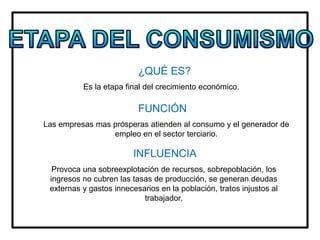 ¿QUÉ ES?
Es la etapa final del crecimiento económico.
FUNCIÓN
Las empresas mas prósperas atienden al consumo y el generador de
empleo en el sector terciario.
INFLUENCIA
Provoca una sobreexplotación de recursos, sobrepoblación, los
ingresos no cubren las tasas de producción, se generan deudas
externas y gastos innecesarios en la población, tratos injustos al
trabajador.
 