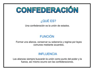 ¿QUÉ ES?
Una confederación es la unión de estados.
FUNCIÓN
Formar una alianza, conservar su soberanía y regirse por leyes
comunes mediante acuerdos.
INFLUENCIA
Las alianzas siempre buscarán la unión como punto del poder y la
fuerza, así mismo ocurre con las confederaciones.
 