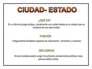 ¿QUÉ ES?
Es un término griego antiguo, actualmente una ciudad estado es un estado que se
compone de una sola ciudad.
FUNCIÓN
Antiguamente brindaban espacios de culturización, recreación y comercio
INFLUENCIA
De las ciudades-estado surgen los primeros pensamientos políticos, base
para la política actual.
 