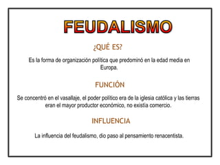 ¿QUÉ ES?
Es la forma de organización política que predominó en la edad media en
Europa.
FUNCIÓN
Se concentró en el vasallaje, el poder político era de la iglesia católica y las tierras
eran el mayor productor económico, no existía comercio.
INFLUENCIA
La influencia del feudalismo, dio paso al pensamiento renacentista.
 