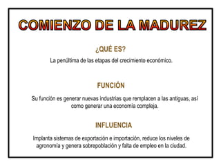 ¿QUÉ ES?
La penúltima de las etapas del crecimiento económico.
FUNCIÓN
Su función es generar nuevas industrias que remplacen a las antiguas, así
como generar una economía compleja.
INFLUENCIA
Implanta sistemas de exportación e importación, reduce los niveles de
agronomía y genera sobrepoblación y falta de empleo en la ciudad.
 