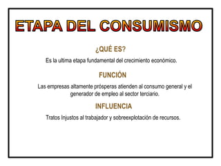 ¿QUÉ ES?
Es la ultima etapa fundamental del crecimiento económico.
FUNCIÓN
Las empresas altamente prósperas atienden al consumo general y el
generador de empleo al sector terciario.
INFLUENCIA
Tratos Injustos al trabajador y sobreexplotación de recursos.
 