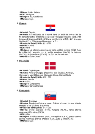 Idioma: Latín, italiano.
IDH: “No figura”
Religión: 100% católicos
Moneda: Euro
 Croacia
Capital: Zagreb
Límites: La República de Croacia tiene un total de 1.982 kms de
fronteras terrestres (932 kms con Bosnia y Herzegovina al S. y al E.; 455
kms con Eslovenia al N.O.; 329 kms con Hungría al N.E.; 241 kms con
Serbia al E.; y 25 kms con Montenegro al S.).
Población Total (2016): 4 210 000
Idioma: Croata
IDH: 0,818
Religión: La religión predominante es la católica romana (86,28 % de
la población); seguida por la serbia ortodoxa (4,44%), la islámica
(1,47%) y la protestante (0,34%). Un 3,81 se declara ateo.
Moneda: Kuna Croata
 Dinamarca
Capital: Copenhague
Límites: Norte (Noruega), Skagerrak; este (Suecia), Kattegat,
Oeresund y Mar Báltico, sur, Alemania; Oeste, Mar del Norte.
Población Total (2016): 5 721 000
Idioma: Danés
IDH: 0,923
Religión: Catolicismo
Moneda: Corona Danesa
 Eslovaquia
Capital: Bratislava
Límites: República Checa al oeste, Polonia al norte, Ucrania al este,
Hungría al sur y Austria al suroeste
Población Total (2016): 5 431 000
Idioma: oficial eslovaco (84%), húngaro (10,7%), roma (1,8%),
ucraniano (1%), otros (2,6%).
IDH: 0,844
Religión: Católico-romana (62%), evangélica (5,9 %), greco-católica
(3,8%), reformista (1,8%), ortodoxa (0,9%), judía y otras (1,1%).
Moneda: Euro
 