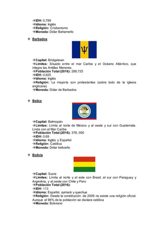 IDH: 0,789
Idioma: Inglés
Religión: Cristianismo
Moneda: Dólar Bahameño
 Barbados
Capital: Bridgetown
Límites: Situado entre el mar Caribe y el Océano Atlántico, que
integra las Antillas Menores
Población Total (2016): 288,725
IDH: 0,825
Idioma: Inglés
Religión: La mayoría son protestantes (sobre todo de la iglesia
anglicana)
Moneda: Dólar de Barbados
 Belice
Capital: Belmopán
Límites: Limita al norte de México y al oeste y sur con Guatemala.
Linda con el Mar Caribe
Población Total (2016): 378, 000
IDH: 0.69
Idioma: Inglés y Español
Religión: Católica
Moneda: Dólar beliceño
 Bolivia
Capital: Sucre
Límites: Limita al norte y al este con Brasil, al sur con Paraguay y
Argentina, y al oeste con Chile y Perú
Población Total (2016):
IDH: 113
Idioma: Español, aymará y quechua
Religión: Desde la constitución de 2009 no existe una religión oficial.
Aunque el 96% de la población se declara católica
Moneda: Boliviano
 