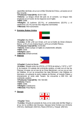 Japón/Mar del Este; al sur con el Mar Oriental de China; y al oeste con el
Mar Amarillo.
Población Total (2016): 50 811 000
Idioma: La lengua oficial del país es el coreano. La lengua más
empleada en el mundo de los negocios es el inglés
IDH: 0,898
Religión: El budismo (22,1%), el protestantismo (22,5%) y el
catolicismo (10,1%) son las tres religiones dominantes
Moneda: Won surcoreano
 Emiratos Árabes Unidos
Capital: Abu Dhabi
Límites: Al NE y SE con Omán, al E con el Golfo de Omán (Océano
Índico), al W y S con Arabia Saudí y al N con el Golfo Pérsico.
Población Total (2016): 9 015 000
Idioma: Árabe aunque el inglés es ampliamente utilizado.
IDH: 0,835
Religión: Islam.
Moneda: Dirham emiratí.
 Filipinas
Capital: Ciudad de Manila
Límites: Situado entre los 4º23’N y 21º25’N de latitud y 116º E y 127º
E de longitud. Al sudeste del continente asiático, al este con el mar de
Filipinas, al oeste con el mar de la China Meridional, y al sur con el mar
de Célebes. Al sur se encuentran las islas Molucas y las Célebes en
Indonesia, al sudoeste la parte malasia de Borneo, al noreste Palaos y
directamente al norte está Taiwán. Se encuentra a 800 Km. del
continente asiático.
Población Total (2016): 105 164 000
Idioma: Filipino
IDH: 0,668
Religión: Catolicismo
Moneda: Peso filipino.
 Georgia
Capital: Tbilisi
Límites: Situada al suroeste de Asia, en la costa este del Mar Negro y
al sur de la cordillera del Cáucaso. Georgia tiene frontera con Armenia
(164 km), Azerbaiyán (322 km), Rusia (723 km) y Turquía (252 km)
 