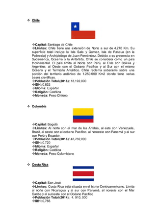  Chile
Capital: Santiago de Chile
Límites: Chile tiene una extensión de Norte a sur de 4.270 Km. Su
superficie total incluye la Isla Sala y Gómez, Isla de Pascua (en la
Polinesia) y Archipiélago de Juan Fernández. Debido a su presencia en
Sudamérica, Oceanía y la Antártida, Chile se considera como un país
tricontinental. El país limita al Norte con Perú, al Este con Bolivia y
Argentina, al Oeste con el Océano Pacífico y al Sur con el mismo
Océano y el Territorio Antártico. Chile reclama soberanía sobre una
porción del territorio antártico de 1.250.000 Km2 donde tiene varias
bases científicas.
Población Total (2016): 18,192,000
IDH: 0,832
Idioma: Español
Religión: Católica
Moneda: Peso Chileno
 Colombia
Capital: Bogotá
Límites: Al norte con el mar de las Antillas, al este con Venezuela,
Brasil, al oeste con el océano Pacífico, al noroeste con Panamá y al sur
con Perú y Ecuador.
Población Total (2016): 48,782,000
IDH: 0.720
Idioma: Español
Religión: Católica
Moneda: Peso Colombiano
 Costa Rica
Capital: San José
Límites: Costa Rica está situada en el Istmo Centroamericano. Limita
al norte con Nicaragua y al sur con Panamá, al noreste con el Mar
Caribe y al suroeste con el Océano Pacífico
Población Total (2014): 4, 910, 000
IDH: 0,766
 