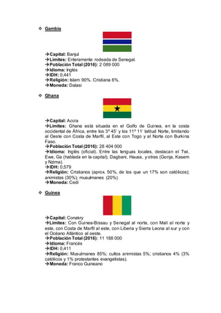  Gambia
Capital: Banjul
Límites: Enteramente rodeada de Senegal.
Población Total (2016): 2 089 000
Idioma: Inglés
IDH: 0,441
Religión: Islam 90%. Cristiana 6%.
Moneda: Dalasi
 Ghana
Capital: Accra
Límites: Ghana está situada en el Golfo de Guinea, en la costa
occidental de África, entre los 3º 45’ y los 11º 11’ latitud Norte, limitando
al Oeste con Costa de Marfil, al Este con Togo y al Norte con Burkina
Faso.
Población Total (2016): 28 404 000
Idioma: Inglés (oficial). Entre las lenguas locales, destacan el Twi,
Ewe, Ga (hablada en la capital), Dagbani, Hausa, y otras (Gonja, Kasem
y Nzima).
IDH: 0,579
Religión: Cristianos (aprox. 50%, de los que un 17% son católicos);
animistas (30%); musulmanes (20%)
Moneda: Cedi
 Guinea
Capital: Conakry
Límites: Con Guinea-Bissau y Senegal al norte, con Malí al norte y
este, con Costa de Marfil al este, con Liberia y Sierra Leona al sur y con
el Océano Atlántico al oeste.
Población Total (2016): 11 188 000
Idioma: Francés
IDH: 0,411
Religión: Musulmanes 85%; cultos animistas 5%; cristianos 4% (3%
católicos y 1% protestantes evangelistas).
Moneda: Franco Guineano
 