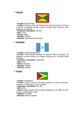  Granada
Capital: Saint George’s
Límites: Situado a unos 160 kilómetros al norte de la isla de Trinidad
y 109 km al sudoeste de San Vicente, Granada (que incluye las islas
habitadas de Granada,
Población Total (2016): 104,000
IDH: 0,744
Idioma: Inglés
Religión: Católica
Moneda: Dólar del Caribe Oriental
 Guatemala
Capital: Ciudad de Guatemala
Límites: tiene fronteras terrestres con México, Belice, Honduras y El
Salvador, asimismo linda con el Océano Pacífico al sur y el Mar Caribe
al noreste.
Población Total (2016): 16,652,000
IDH: 0,627
Idioma: Español
Religión: Católica
Moneda: Quetzal
 Guyana
Capital: Georgetown
Límites: Limita al norte con el océano Atlántico, al este con Surinam,
al oeste con Venezuela y al sur con Brasil.
Población Total (2016): 747, 000
IDH: 0,636
Idioma: Inglés (oficial). Otros también hablados son el criollo, el hindi,
el urdu y otras lenguas indias
Religión: Cristiana
Moneda: Dólar de Guyana
 