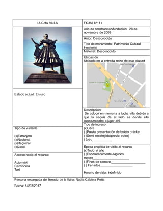 LUCHA VILLA FICHA Nº 11
Año de construcción/fundación: 28 de
noviembre de 2009
Autor: Desconocido
Tipo de monumento: Patrimonio Cultural
Inmaterial
Material: Desconocido
Ubicación:
Ubicada en la entrada norte de esta ciudad
Estado actual: En uso
Descripción:
Se colocó en memoria a lucha villa debido a
que la sequía de al lado es donde ella
acostumbraba a jugar ahí.
Tipo de ingreso:
(x)Libre
( )Previa presentación de boleto o ticket
( )Semi-restringido(previo aviso)
( )otro___________
Tipo de visitante
(x)Extranjero
(x)Nacional
(x)Regional
(x)Local Época propicia de visita al recurso
(x)Todo el año
( )Esporádicamente-Algunos
meses____________________
( )Fines de semana___________________
( ) Feriados__________________
Horario de vista: Indefinido
Acceso hacia el recurso:
Automóvil
Camioneta
Taxi
Persona encargada del llenado de la ficha: Nadia Caldera Peña
Fecha: 14/03/2017
 