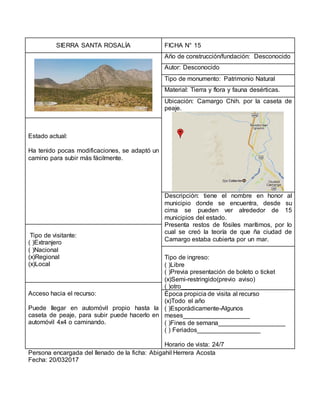 SIERRA SANTA ROSALÍA FICHA N° 15
Año de construcción/fundación: Desconocido
Autor: Desconocido
Tipo de monumento: Patrimonio Natural
Material: Tierra y flora y fauna desérticas.
Ubicación: Camargo Chih. por la caseta de
peaje.
Estado actual:
Ha tenido pocas modificaciones, se adaptó un
camino para subir más fácilmente.
Descripción: tiene el nombre en honor al
municipio donde se encuentra, desde su
cima se pueden ver alrededor de 15
municipios del estado.
Presenta restos de fósiles marítimos, por lo
cual se creó la teoría de que ña ciudad de
Camargo estaba cubierta por un mar.
Tipo de visitante:
( )Extranjero
( )Nacional
(x)Regional
(x)Local
Tipo de ingreso:
( )Libre
( )Previa presentación de boleto o ticket
(x)Semi-restringido(previo aviso)
( )otro___________
Acceso hacia el recurso:
Puede llegar en automóvil propio hasta la
caseta de peaje, para subir puede hacerlo en
automóvil 4x4 o caminando.
Época propicia de visita al recurso
(x)Todo el año
( )Esporádicamente-Algunos
meses___________________
( )Fines de semana___________________
( ) Feriados__________________
Horario de vista: 24/7
Persona encargada del llenado de la ficha: Abigahil Herrera Acosta
Fecha: 20/032017
 