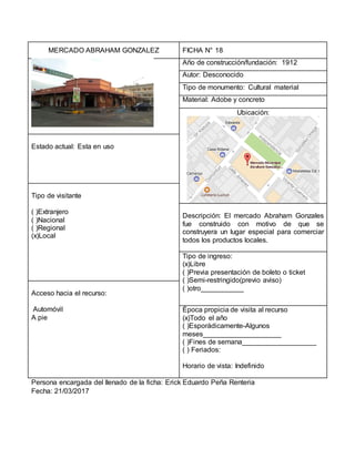 MERCADO ABRAHAM GONZALEZ FICHA N° 18
Año de construcción/fundación: 1912
Autor: Desconocido
Tipo de monumento: Cultural material
Material: Adobe y concreto
Ubicación:
Estado actual: Esta en uso
Tipo de visitante
( )Extranjero
( )Nacional
( )Regional
(x)Local
Descripción: El mercado Abraham Gonzales
fue construido con motivo de que se
construyera un lugar especial para comerciar
todos los productos locales.
Tipo de ingreso:
(x)Libre
( )Previa presentación de boleto o ticket
( )Semi-restringido(previo aviso)
( )otro___________
Acceso hacia el recurso:
Automóvil
A pie
Época propicia de visita al recurso
(x)Todo el año
( )Esporádicamente-Algunos
meses____________________
( )Fines de semana___________________
( ) Feriados:
Horario de vista: Indefinido
Persona encargada del llenado de la ficha: Erick Eduardo Peña Renteria
Fecha: 21/03/2017
 