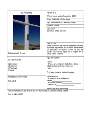 EL ROSARIO FICHA N° 7
Año de construcción/fundación: 2007
Autor: Sebastián Muñoz Lara
Tipo de monumento: Natural/Cultural
Material: Tierra
Ubicación:
Carretera a Ojo Caliente
Descripción:
Ejido en el cual se pueden observar distintas
especies de plantas. En la cima de la colina
se encuentra un tejaban desde el cual se
puede observar la figura de la virgen en la
sierra Santa Rosalía.Estado actual: En uso
Tipo de visitante:
( )Extranjero
( )Nacional
(x)Regional
(x)Local
Tipo de ingreso:
( )Libre
( )Previa presentación de boleto o ticket
(x)Semi-restringido (previo aviso)
( )otro___________
Época propicia de visita al recurso
(x)Todo el año
( )Esporádicamente-Algunos
meses____________________
( )Fines de semana___________________
( ) Feriados__________________
Horario de vista: Indefinido
Acceso hacia el recurso:
Automóvil
Persona encargada del llenado de la ficha: Gustavo Alonso Corrales Sáenz
Fecha: 14/03/2017
 