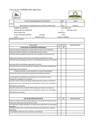 DRE: JUNÍN
UGEL: CHUPACA
NOMBRE DEL DOCENTE: COD. MODULAR:
ESPECIALIDAD DE FORMACIÓN: I.E. "SANTIAGO LEON"
ÁREA CURRICULAR:
N° DE ESTUDIANTES VARONES: MUJERES: TOTAL:
FECHA: HORA DE INICIO:
SI NO
SI NO OBSERVACIONES
Transcrito por: QUIÑONES DÍAZ, Edgar Oscar
VALORACIÓN OBSERVACIONES
El docente utiliza estartegias que permiten a los estudiantes interactuar con el
objetivo de estudio para desarrollar los aprendizajes esperados de la sesión.
El docente utiliza estrategias que perite a los estudiantes interactuar con sus pares
para desarrollar los aprendizajes esperados de la sesión.
El docente durante la sesión atiende las necesidades y dificultades individuales de
aprendizaje de los estudiantes.
El docente fomenta un clima favorable en la sesión de aprendizaje.
¿El docente muestra conocimiento manejo de la estrategia que aplica?
Las actividades de aprendizaje son pertinentes a las características de los
estudiantes y responden a sus intereses.
Durante la sesión incorpora estrategias diferenciadas para realizar la nivelación y
fortalecimiento de los aprendizajes de los estudiantes a partir de las necesidades y
dificultades que presentan.
Durante la sesióin utiliza materiales diferenciados para realizar la nivelación y
fortalecimiento de los aprendizajes de los estudiantes a partir de las necesidades y
dificultades que presentan.
USO DE RECURSOS EDUCATIVOS
Durante la sesión el docente muestra experticia en el manejo del material y de los
medios que utiliza para el desarrollo de la sesión.
FICHA
1
FICHA DE ACOMPAÑAMIENTO PEDAGÓGICO
INSTRUMENTO DE OBSERVACIÓN DE SESIÓN DE APRENDIZAJE
GRADO/SEC.
HORA DE TÉRMINO:
APRENDIZAJE ESPERADO:
INDICADORES
ESTRATEGIAS DE ENSEÑANZA APRENDIZAJE
El docente aplica estrategias para recoger saberes previos de los estudiantes.
El docente mantiene motivado a los estudiantes durante la sesión.
Los materiales y medios utilizados en la sesión permite desarrollar los aprendizajes
esperados.
El docente utiliza las TIC en forma solvente durante el desarrollo de la sesión de
aprendizaje.
Los estudiantes utilizan las TIC al construir su aprendizaje.
 