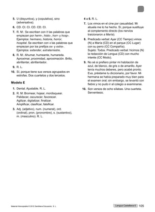 Material fotocopiable © 2015 Santillana Educación, S. L. 105
Lengua Castellana 6
5. U (disyuntiva), y (copulativa), sino
(adversativa).
6. CD. CI. CI. CD. CD. CI.
7. R. M.: Se escriben con h las palabras que
empiezan por herm-, histo-, horr- y hosp-.
Ejemplos: hermano, historia, horror,
hospital. Se escriben con x las palabras que
empiezan por los prefijos ex- y extra-.
Ejemplos: extender, extraterrestre.
8. R. M.: Ahumar, humeante, humareda.
Aproximar, proximidad, aproximación. Brillo,
abrillantar, abrillantador.
9. R. L.
10. Sí, porque tiene sus versos agrupados en
estrofas. Dos cuartetos y dos tercetos.
Modelo E
1. Dental. Ajustable. R. L.
2. R. M: Bromear, hojear, mordisquear.
Palidecer, oscurecer, favorecer.
Agilizar, digitalizar, finalizar.
Amplificar, clasificar, falsificar.
3. Adj. (adjetivo), num. (numeral), ord.
(ordinal), pron. (pronombre), s. (sustantivo),
m. (masculino). R. L.
4 a 6. R. L.
7. Los vimos en el cine por casualidad. Mi
abuela me lo ha hecho. Sí, porque sustituye
al complemento directo (los nervios
traicionaron a María).
8. Predicado verbal: Ayer (CC Tiempo) vimos
(N) a María (CD) en el parque (CC Lugar)
con su perro (CC Compañía).
Sujeto: Todos. Predicado verbal: hicimos (N)
la redacción de Lengua (CD) con mucho
interés (CC Modo).
9. No sé si prefiero pintar mi habitación de
azul, de blanco, de gris o de amarillo. Ayer
tenía muchos deberes, pero acabé pronto.
Eva, préstame tu diccionario, por favor. Mi
hermana se había preparado muy bien para
el examen oral; sin embargo, se levantó con
fiebre y no pudo ir al colegio a examinarse.
10. Son versos de ocho sílabas. Una cuarteta.
Serventesio.
 