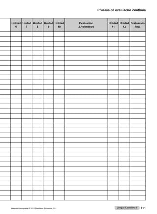 Material fotocopiable © 2015 Santillana Educación, S. L. 111
Lengua Castellana 6
Unidad
6
Unidad
7
Unidad
8
Unidad
9
Unidad
10
Evaluación
2.º trimestre
Unidad
11
Unidad
12
Evaluación
final
Pruebas de evaluación continua
 
