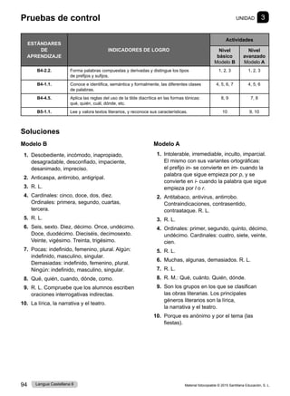 Material fotocopiable © 2015 Santillana Educación, S. L.
94 Lengua Castellana 6
Soluciones
Modelo B
1. Desobediente, incómodo, inapropiado,
desagradable, desconfiado, impaciente,
desanimado, impreciso.
2. Anticaspa, antirrobo, antigripal.
3. R. L.
4. Cardinales: cinco, doce, dos, diez.
Ordinales: primera, segundo, cuartas,
tercera.
5. R. L.
6. Seis, sexto. Diez, décimo. Once, undécimo.
Doce, duodécimo. Dieciséis, decimosexto.
Veinte, vigésimo. Treinta, trigésimo.
7. Pocas: indefinido, femenino, plural. Algún:
indefinido, masculino, singular.
Demasiadas: indefinido, femenino, plural.
Ningún: indefinido, masculino, singular.
8. Qué, quién, cuando, dónde, como.
9. R. L. Compruebe que los alumnos escriben
oraciones interrogativas indirectas.
10. La lírica, la narrativa y el teatro.
Modelo A
1. Intolerable, irremediable, inculto, imparcial.
El mismo con sus variantes ortográficas:
el prefijo in- se convierte en im- cuando la
palabra que sigue empieza por p, y se
convierte en i- cuando la palabra que sigue
empieza por l o r.
2. Antitabaco, antivirus, antirrobo.
Contraindicaciones, contrasentido,
contraataque. R. L.
3. R. L.
4. Ordinales: primer, segundo, quinto, décimo,
undécimo. Cardinales: cuatro, siete, veinte,
cien.
5. R. L.
6. Muchas, algunas, demasiados. R. L.
7. R. L.
8. R. M.: Qué, cuánto. Quién, dónde.
9. Son los grupos en los que se clasifican
las obras literarias. Los principales
géneros literarios son la lírica,
la narrativa y el teatro.
10. Porque es anónimo y por el tema (las
fiestas).
Pruebas de control UNIDAD 3
ESTÁNDARES
DE
APRENDIZAJE
INDICADORES DE LOGRO
Actividades
Nivel
básico
Modelo B
Nivel
avanzado
Modelo A
B4-2.2. Forma palabras compuestas y derivadas y distingue los tipos
de prefijos y sufijos.
1, 2, 3 1, 2, 3
B4-1.1. Conoce e identifica, semántica y formalmente, las diferentes clases
de palabras.
4, 5, 6, 7 4, 5, 6
B4-4.5. Aplica las reglas del uso de la tilde diacrítica en las formas tónicas:
qué, quién, cuál, dónde, etc.
8, 9 7, 8
B5-1.1. Lee y valora textos literarios, y reconoce sus características. 10 9, 10
 