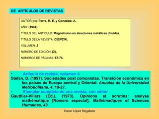 DE  ARTÍCULOS DE REVISTAS AUTOR(es):  Parra, R. E. y González, A. AÑO:  (1994). TÍTULO DEL ARTÍCULO:  Magnetismo en aleaciones metálicas diluidas. TÍTULO DE LA REVISTA:  CIENCIA , VOLUMEN:  3 NÚMERO DE EDICIÓN:  (2), NÚMEROS DE PÁGINAS:  67-74. Artículo de revista, volumen 4 Stefan, D. (1997). Sociedades post comunistas. Transición económica en los países de Europa central y Oriental.  Anuales de la Universidad Metropolitana ,  4 , 19-27. Ejemplar completo de una revista, con editor Gauthier-Villars (Ed.). (1973). Opinions et scrutins: analyse mathématique  [Número especial].  Mathématiques et  Sciences  Humaines ,  43 . 