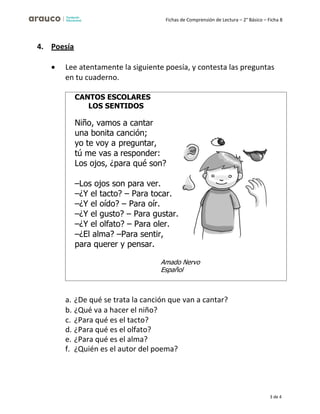 Fichas de Comprensión de Lectura – 2° Básico – Ficha 8
3 de 4
4. Poesía
• Lee atentamente la siguiente poesía, y contesta las preguntas
en tu cuaderno.
a. ¿De qué se trata la canción que van a cantar?
b. ¿Qué va a hacer el niño?
c. ¿Para qué es el tacto?
d. ¿Para qué es el olfato?
e. ¿Para qué es el alma?
f. ¿Quién es el autor del poema?
CANTOS ESCOLARES
LOS SENTIDOS
Niño, vamos a cantar
una bonita canción;
yo te voy a preguntar,
tú me vas a responder:
Los ojos, ¿para qué son?
–Los ojos son para ver.
–¿Y el tacto? – Para tocar.
–¿Y el oído? – Para oír.
–¿Y el gusto? – Para gustar.
–¿Y el olfato? – Para oler.
–¿El alma? –Para sentir,
para querer y pensar.
Amado Nervo
Español
 